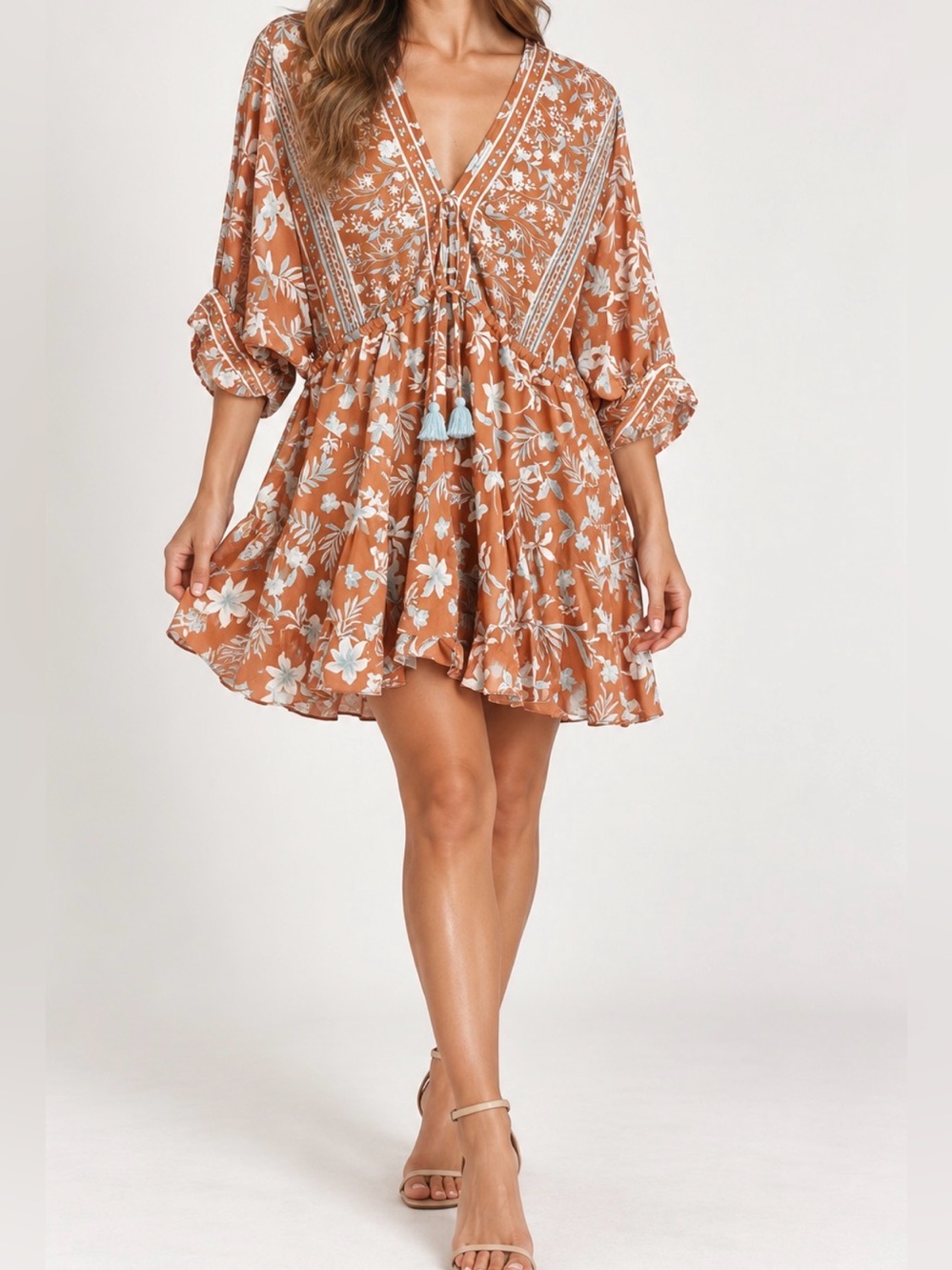 Baltic Born Adria Camel Blue Floral Boho V-Neck Mini Dress